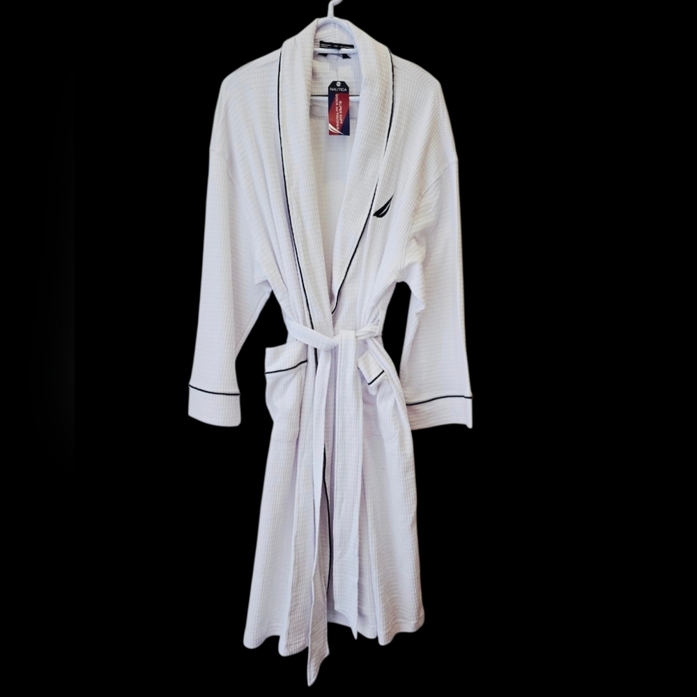 🎉HOST PICK🎉 NAUTICA WHITE BLUE TRIM BATHROBE SOFT WAFFLE COTTON JERSEY Men's